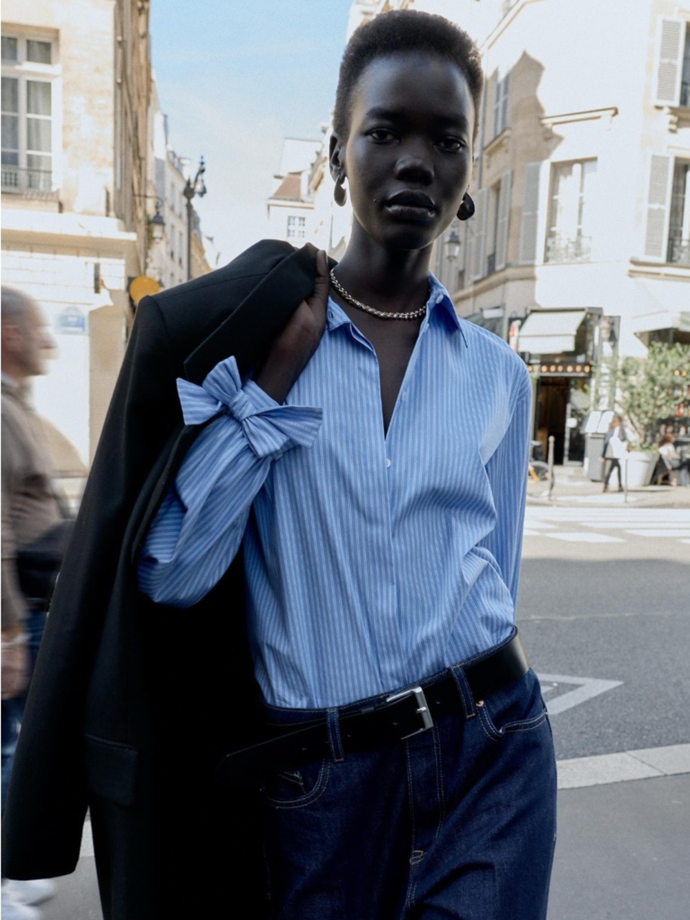Zara blue striped button down shirt with bow sleeves